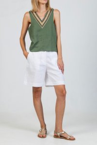 Linen blend v-neck top with knitted details khaki