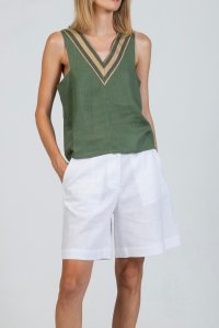 Linen blend v-neck top with knitted details khaki