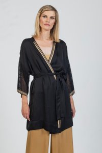 Linen blend kimono with knitted details black