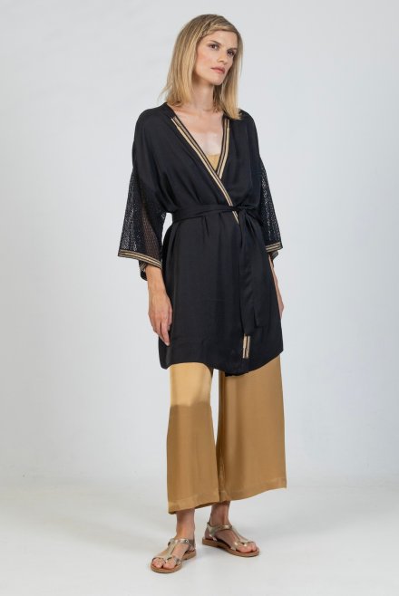 Linen blend kimono with knitted details black