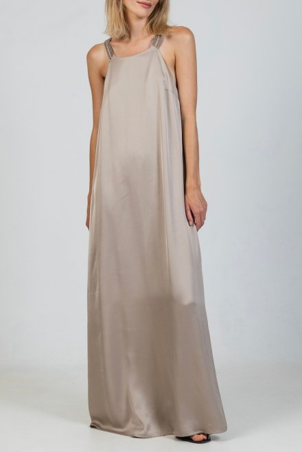 Satin halter-neck maxi dress with handmade knitted details elephant