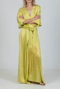 Satin kimono dress with fringed belt lime