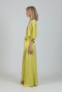 Satin kimono dress with fringed belt lime