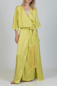 Satin kimono dress with fringed belt lime