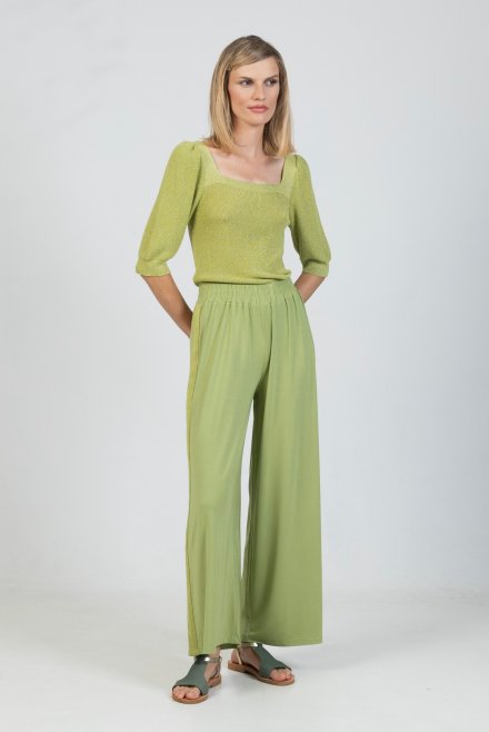 Jersey wide leg pants with knitted details bright green