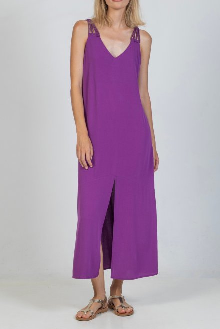 Φόρεμα από κρεπ με πλεκτές χειροποίητες λεπτομέρειες hyacinth  violet