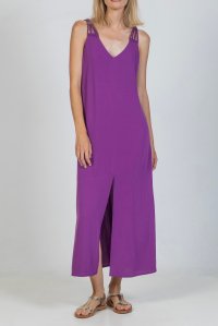 Crepe marocaine dress with knitted handmade details hyacinth  violet