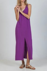 Crepe marocaine dress with knitted handmade details hyacinth  violet