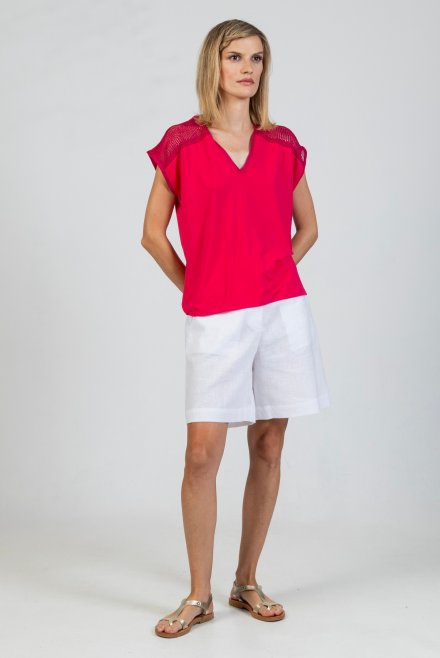 Jersey cap-sleeve v-neck top with knitted details fuchsia
