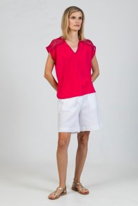 Jersey cap-sleeve v-neck top with knitted details fuchsia