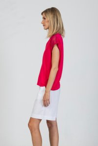 Jersey cap-sleeve v-neck top with knitted details fuchsia