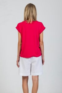 Jersey cap-sleeve v-neck top with knitted details fuchsia