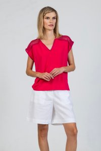 Jersey cap-sleeve v-neck top with knitted details fuchsia