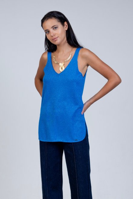 Lurex v-neck and v-back tank top royal blue