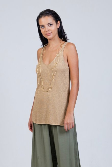 Lurex v-neck and v-back tank top tan gold