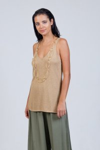 Lurex v-neck and v-back tank top tan gold