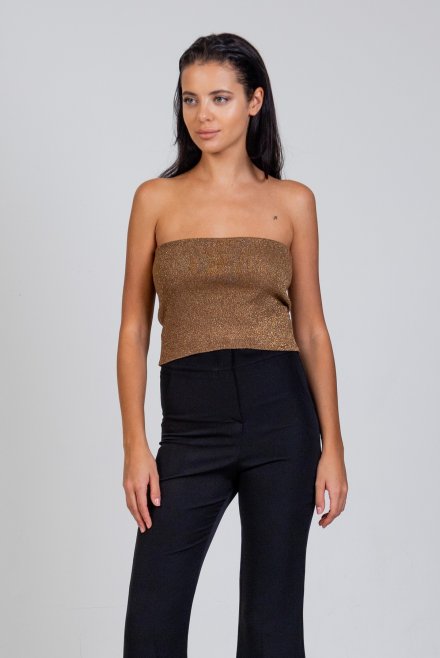 Lurex ribbed bandeau top bronze