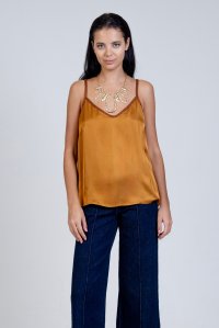 Satin basic top with knitted details camel