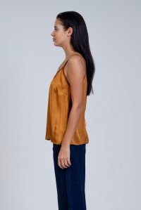 Satin basic top with knitted details camel