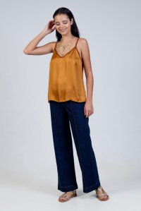 Satin basic top with knitted details camel