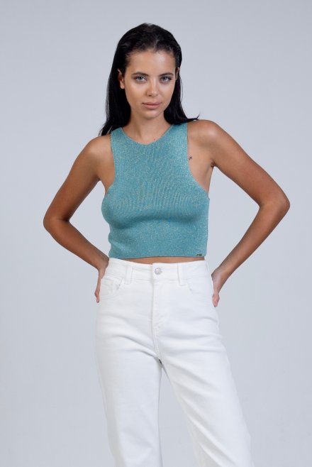 Lurex ribbed tank cropped top teal