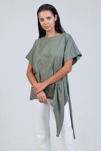 Organic cotton bottom side tying T-shirt khaki