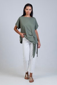 Organic cotton bottom side tying T-shirt khaki