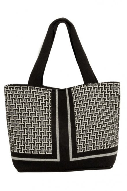 Viscose-lurex geometric pattern tote bag black-ivory-silver