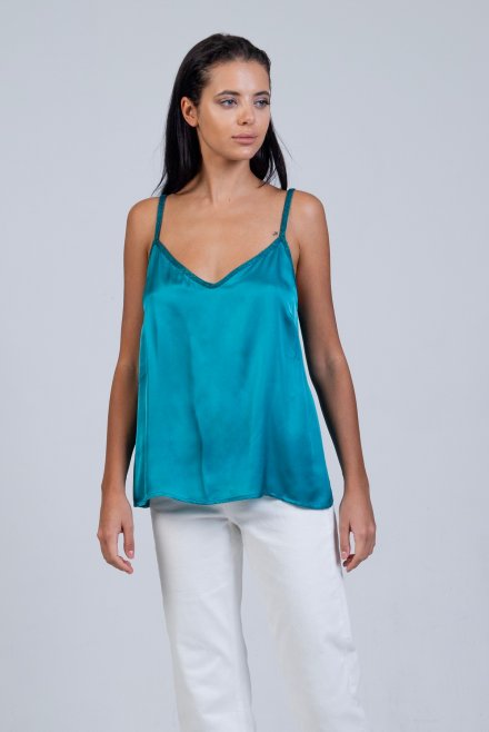 Satin basic top with knitted details petrol