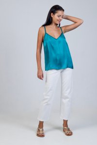 Satin basic top with knitted details petrol