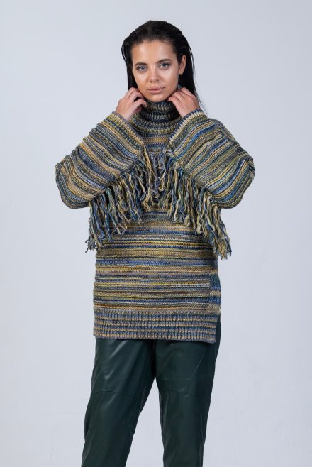 Multicolored fringed sweater multicolored bright blue-mint-yellow