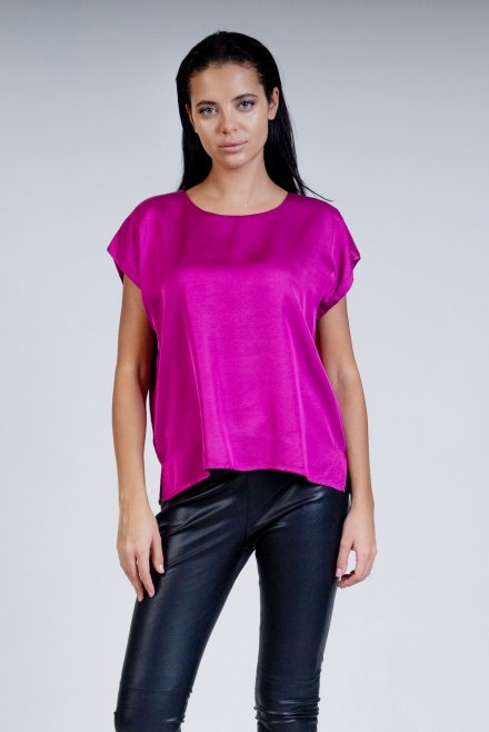 Satin short sleeved blouse with knitted details fuchsia