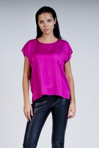 Satin short sleeved blouse with knitted details fuchsia