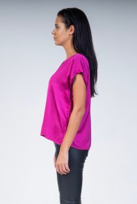 Satin short sleeved blouse with knitted details fuchsia