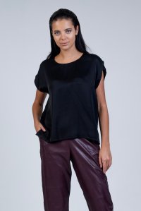 Satin short sleeved blouse with knitted details black