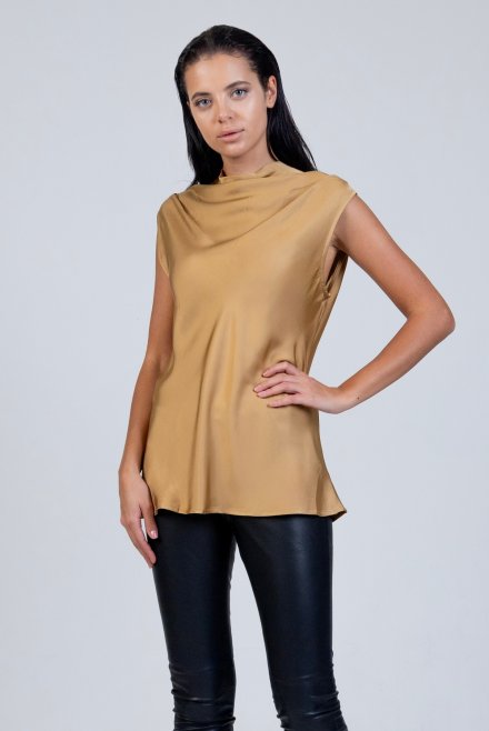 Satin cowl neck sleeveless top with knitted details gold