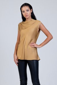 Satin cowl neck sleeveless top with knitted details gold