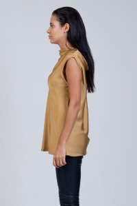 Satin cowl neck sleeveless top with knitted details gold