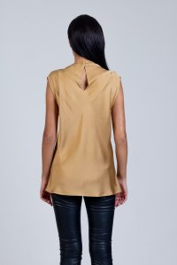 Satin cowl neck sleeveless top with knitted details gold