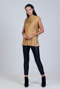 Satin cowl neck sleeveless top with knitted details gold