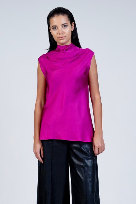 Satin cowl neck sleeveless top with knitted details fuchsia