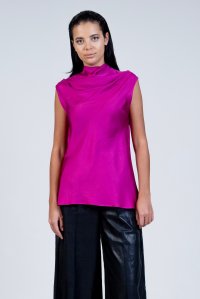 Satin cowl neck sleeveless top with knitted details fuchsia