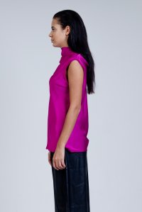 Satin cowl neck sleeveless top with knitted details fuchsia