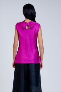 Satin cowl neck sleeveless top with knitted details fuchsia