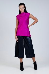 Satin cowl neck sleeveless top with knitted details fuchsia