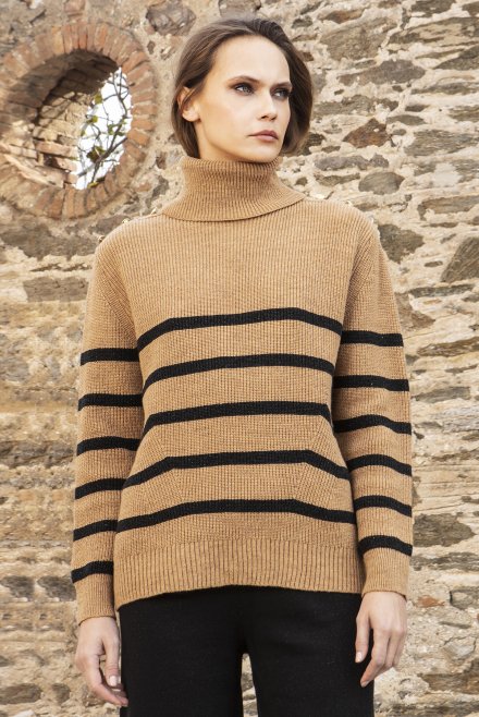 Wool-lurex blend stripped sweater camel -black