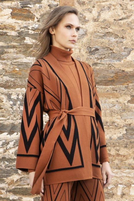 Viscose-lurex cardigan amber brown-black