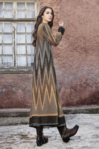 Lurex-jacquard long robe-cardigan black gold-dark grey-camel