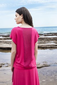 Jersey short sleeved top with knitted details fuchsia