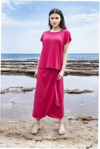 Jersey short sleeved top with knitted details fuchsia